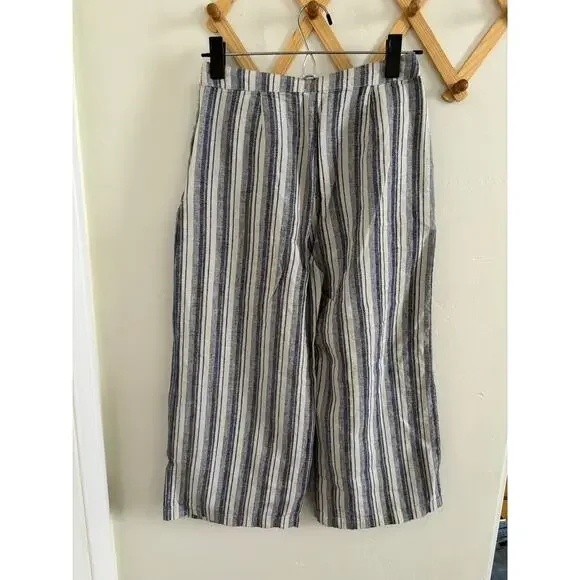 Abercrombie & Fitch Pants Women's 00 Wide leg Crop High Rise Blue Striped Linen - Picture 6 of 9